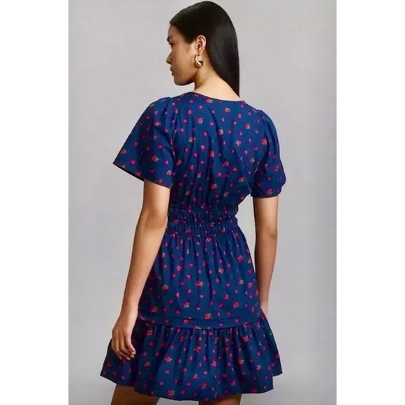 ANTHROPOLOGIE Strawberry Print Smocked Somerset Mini Dress Navy Blue Red Small - Picture 8 of 14